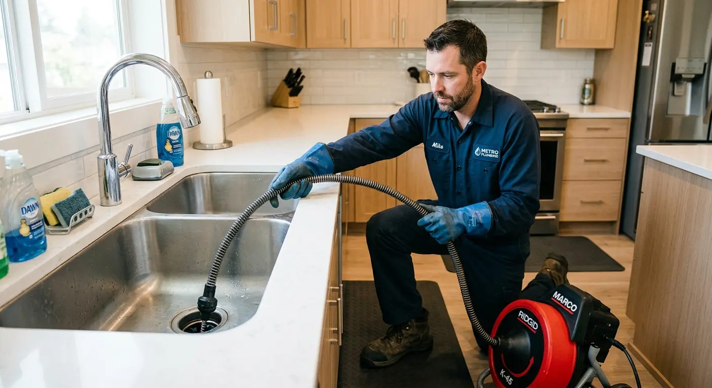 Drain cleaning technician using a motorized snake on a kitchen sink in Rawlins