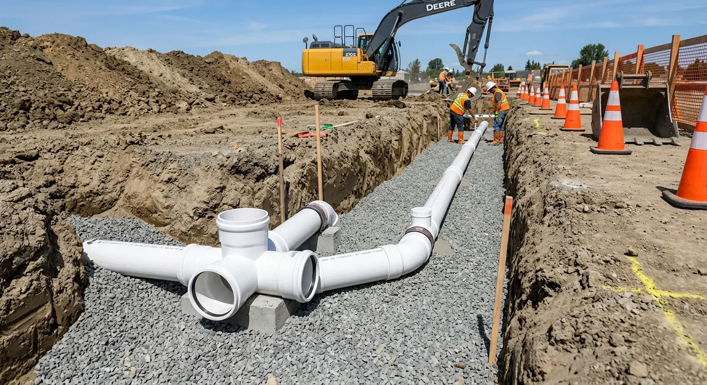 New PVC sewer pipe installation in open trench for Commercial Drain Cleaning in Rawlins