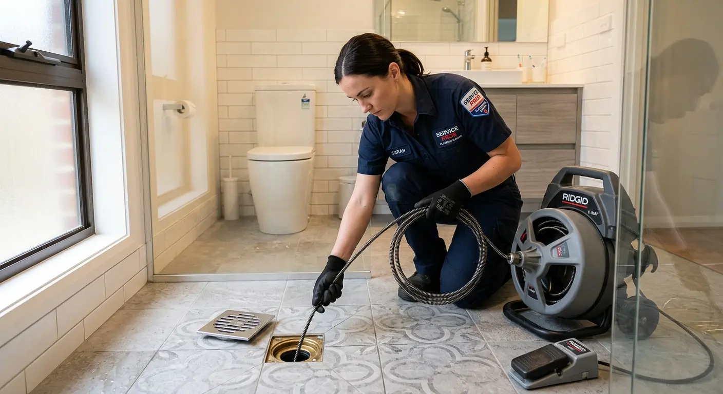 Technician clearing a bathroom floor drain for Drain Repair in Rawlins
